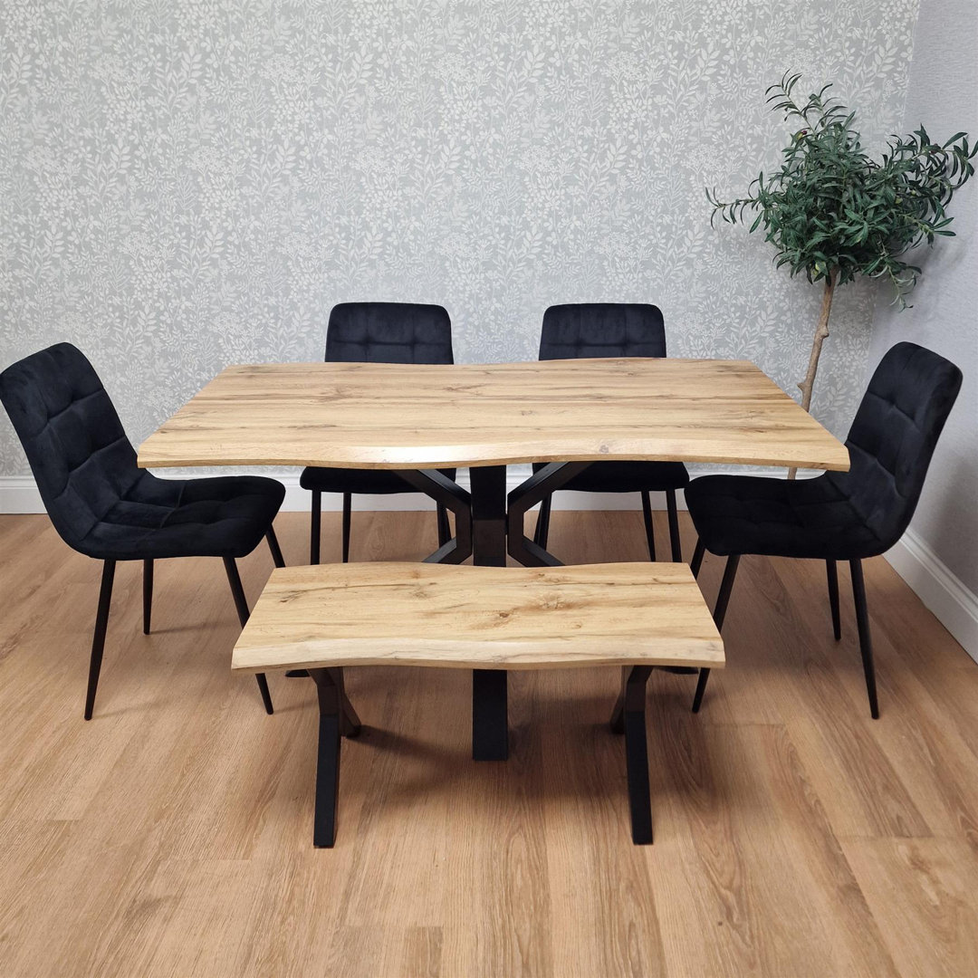 Wooden Brown Dining Table with Bench and 4 Black Velvet Chairs, Stylish Dining Room Furniture