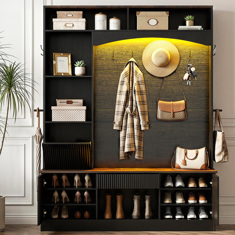 Portemanteau 6-en-1 de 57,8 po de largeur avec banc et rangement pour chaussures, portemanteau avec éclairage DEL, Black