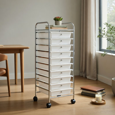  Chariot de rangement roulant à 10 tiroirs avec roulettes verrouillables, structure en métal argenté, tiroirs en plastique transparent pour la maison, le bureau et l'organisation du garage, transparent