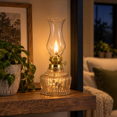 Small Oil Lamp, 4” x 9.75” Decorative Glass Lantern with Antique-Style Ribbed Body and Brass Accents, Vintage Lantern Indoor with Adjustable Wick, Amber/Brass