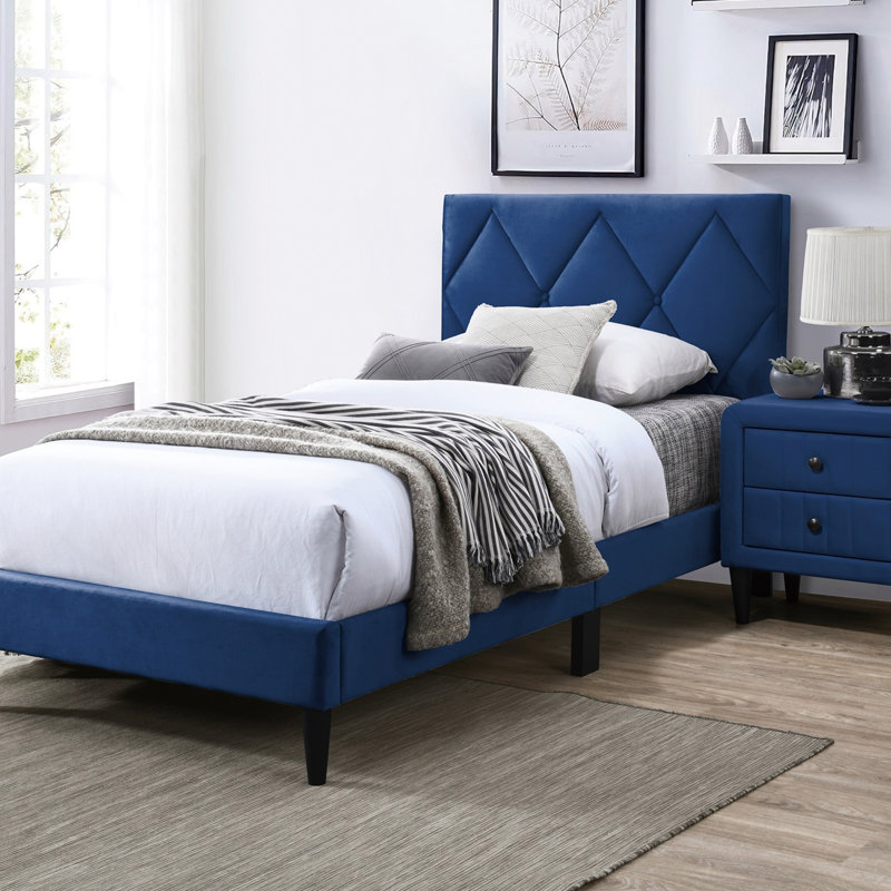 Lit avec tête de lit réglable 1pc, meubles de chambre à coucher en velours pour les jeunes, cadre de lit, Lit double, Marine