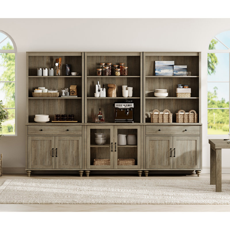 Sideboard Cabinet With Bar Hutch, Buffet Cabinet With Glass Doors, 3 Tier Shelves And Wood Storages, Wash Gray, 101''