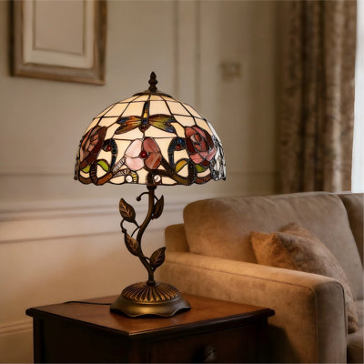 Tiffany Table Lamp, Adjustable 3 Color Temperature, Dragonfly Rose Style Lampshade & Metal Leaf Antique Base Desk Reading Light 12X12X19 Inches Decor for Bedroom Living Room Office