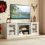 Meuble télé blanc avec bordure en faux pierre, 70 po de largeur, 2 portes de rangement, 75 po de compatibilité, 6 passe-câbles, 4 tablettes réglables de 70,75 po de long, capacité, ouvertures