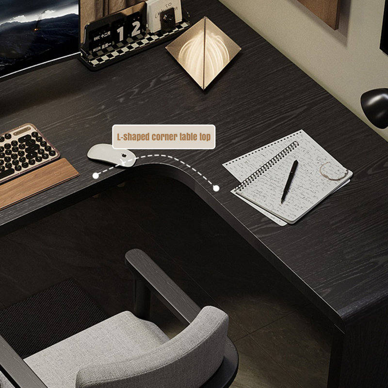 Bureau d'angle noir tout en bois massif, bureau en forme de L pour la maison, H 29,53 po x l 70,87 po x P 47,24 po