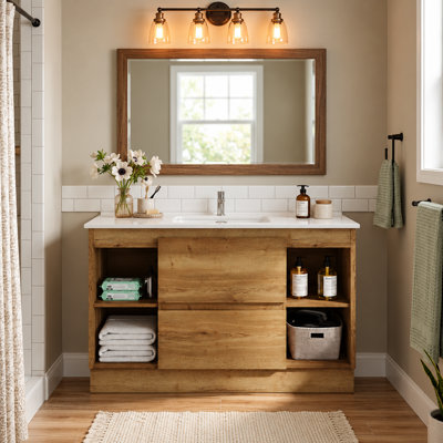 Meuble-lavabo moderne 47,65 po avec comptoir en faux marbre, lavabo en céramique, 2 tiroirs et 2 tablettes ouvertes