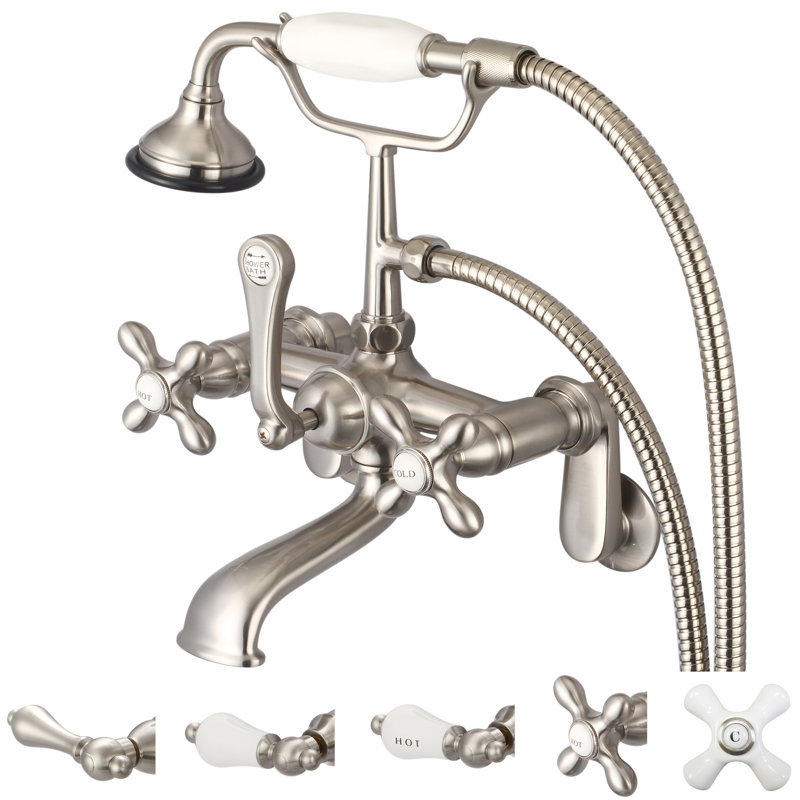 Stonington 3 Handle Clawfoot Tub Faucet, Porcelain Cross Handles, Brushed Nickel