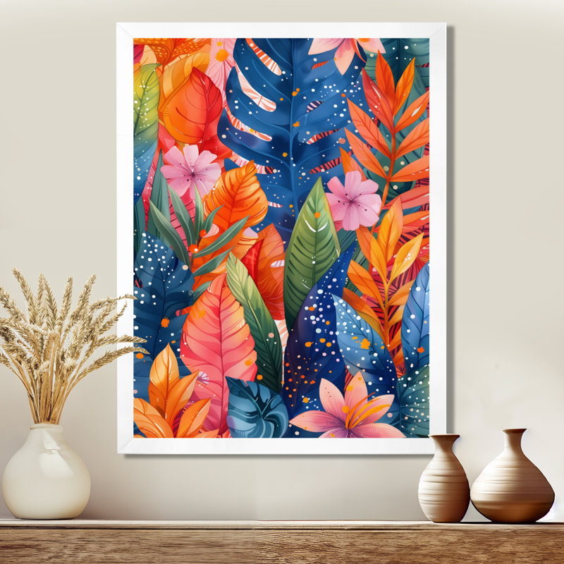 «Botanical Orange Blue Palm Leaves - Palmiers et palmiers», art mural, H 24 po x l 32 po, Cadre simple blanc, bois massif