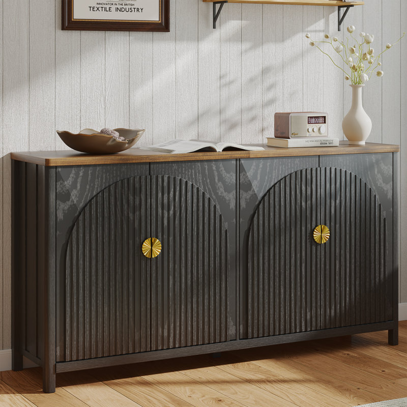 Buffet en bois de style campagnard de 63 po avec tablettes réglables, Noir / Beige
