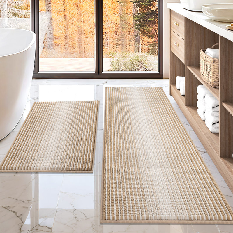 Absorbent Fast Drying Microfiber Bath Mat, 20" x 60" Plus 20" x 32", Beige