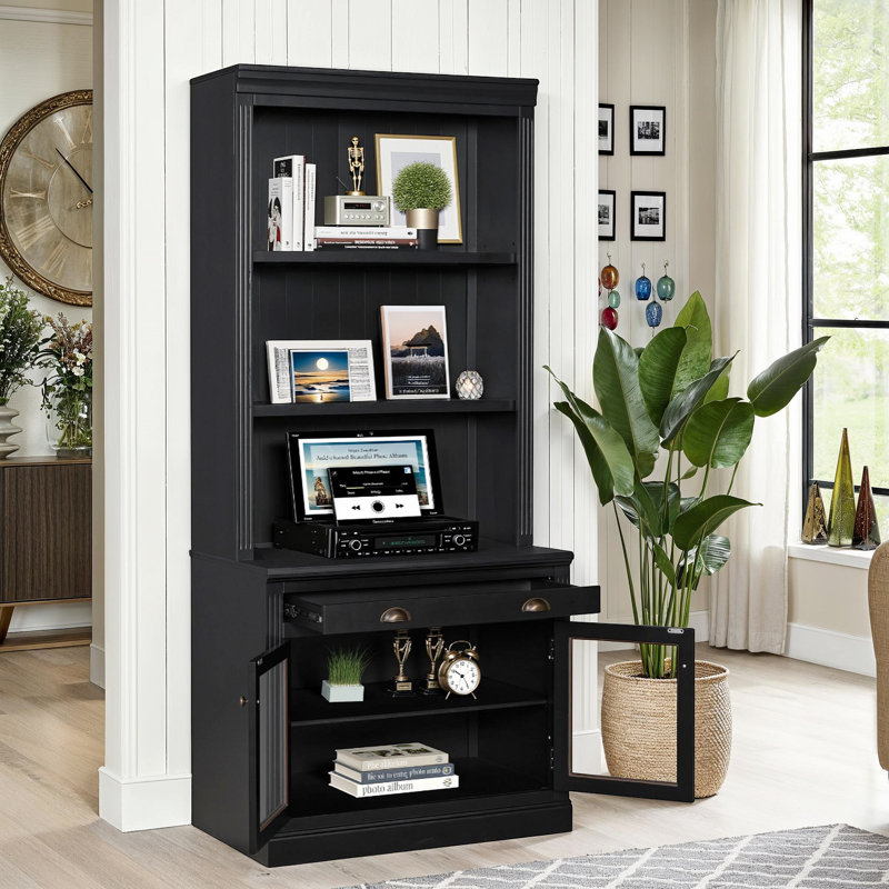 Modern 83.4" Tall Bookcase, LED Lighting Bookshelf with 2 Glass Doors & 1 Drawer Storage, Solid Wood+MDF