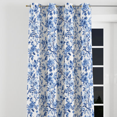 French Country Curtains - Blue French Garden Toile Velvet Grommet Curtain - 1 Panel