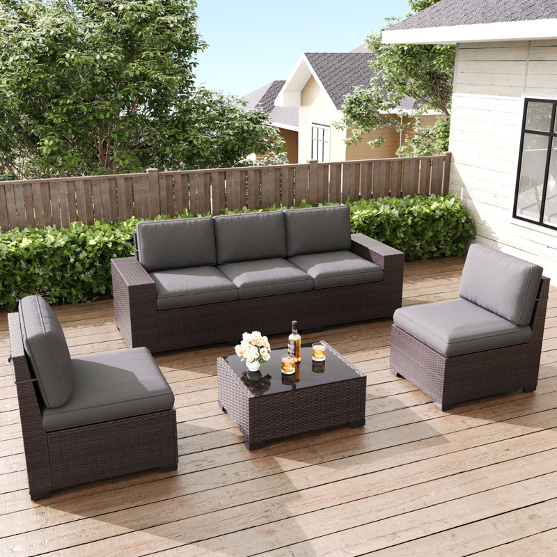  Ensemble de meubles de patio 6 pièces, ensemble de conversation modulaire en rotin noir, Brun, Gris