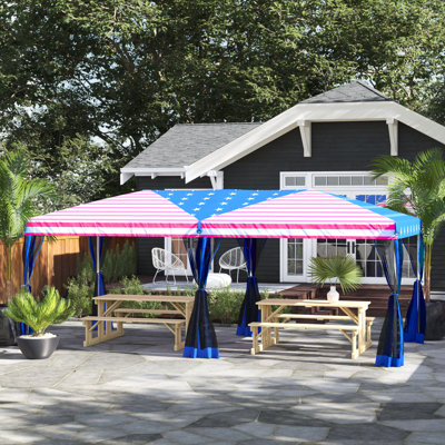 Outsunny 10' x 20' Pop Up Canopy with 6 Sidewall Mesh Netting, Outdoor Party Event Tent with Oxford Fabric Roof, American Flag