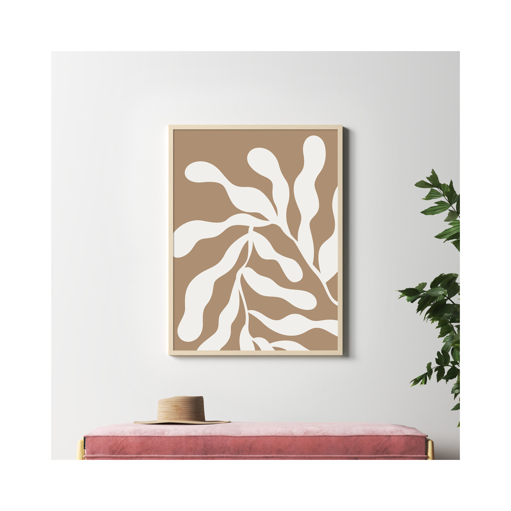 Retro Matisse Inspired Abstract Botanical 1 Beige by The Creative Bunch Studio, Brown, 41" H x 31" W x 1" D
