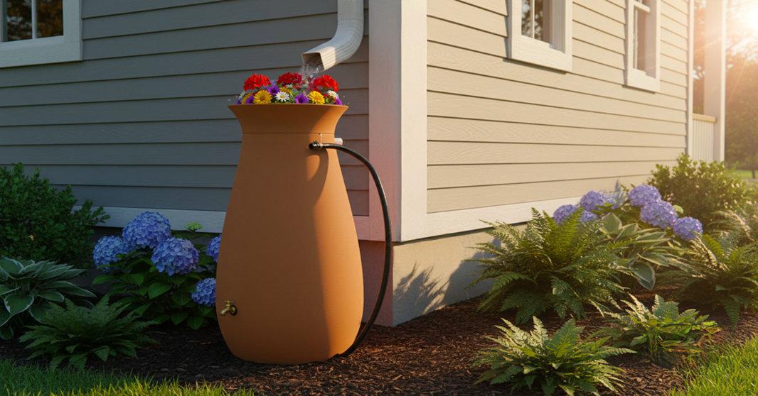 Algreen rain barrel on patio with flowers