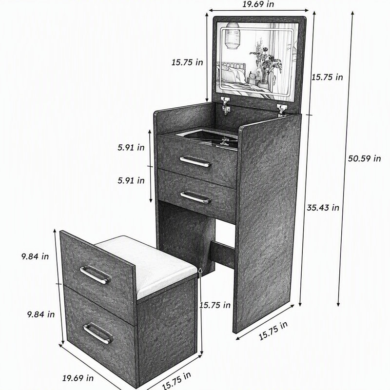 Bureau de coiffeuse 3 en 1 avec miroir ouvert, petit ensemble de coiffeuse avec bureau en verre visible, coiffeuse de maquillage compacte avec 3 tiroirs, coiffeuse pour chambre à coucher