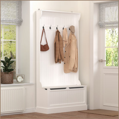 Coat Rack with Entryway Bench &amp; Shoe Storage, 5 Hooks, White | MDF