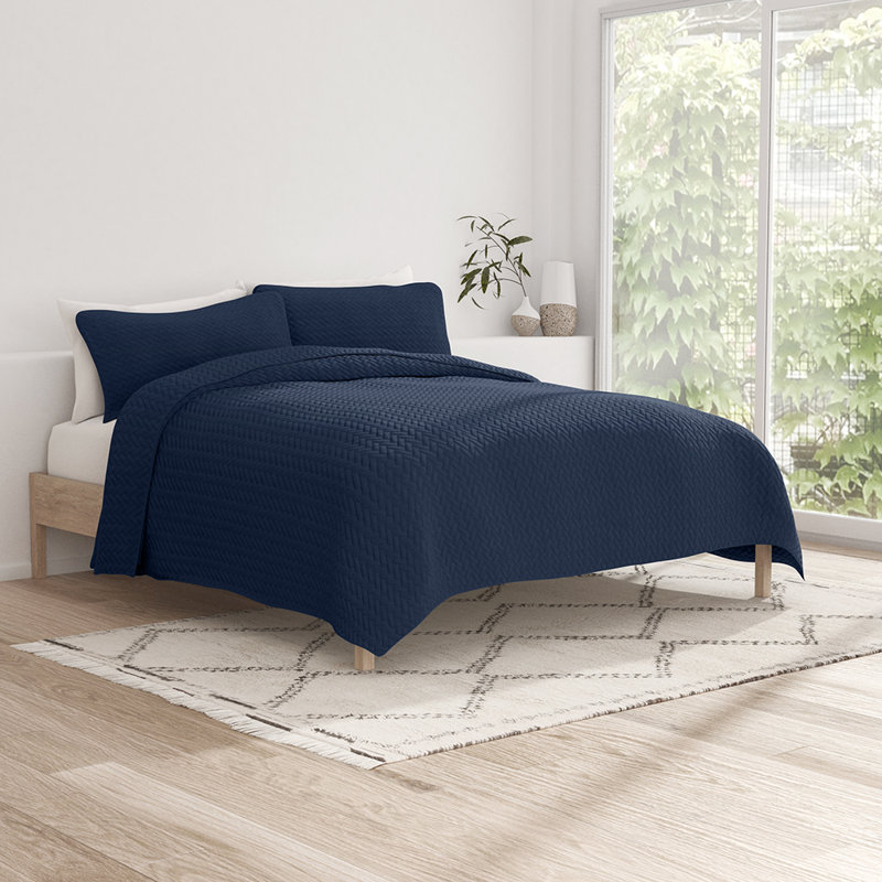 Quilt Coverlet Set All Season Microfiber Contemporary Ultra Soft Bedding in Herringbone Stitch, Navy