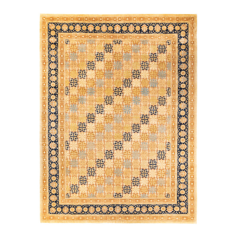 Ivory and Gold Hand-Knotted Wool 9' x 12' Traditional Rug