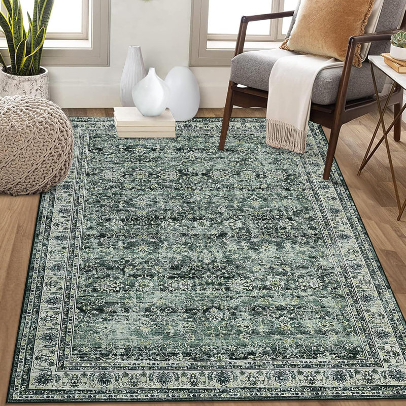  Washable Vintage Floral Entryway Rug Soft Low Pile Non-Slip Non-Shedding Oriental Distressed Rug Hallway Laundry Green