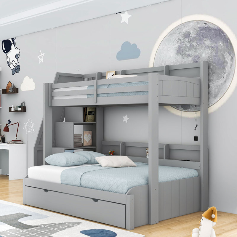 Twin Over Full Bunk Bed with Twin Trundle, Storage Stairs, Shelves, LED Light and Charging Station, Gray