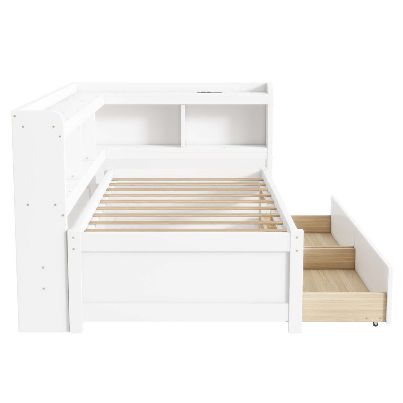 Lit simple en forme de L avec bibliothèques avec prises de courant, ports de chargement USB, deux tiroirs