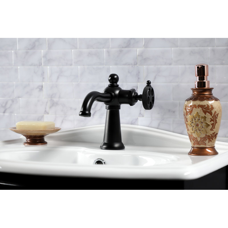 Kingston Brass Webb Single-Handle 1-Hole Deck Mount Bathroom Faucet with Knurled Handle and Push Pop-Up Drain, Matte Black
