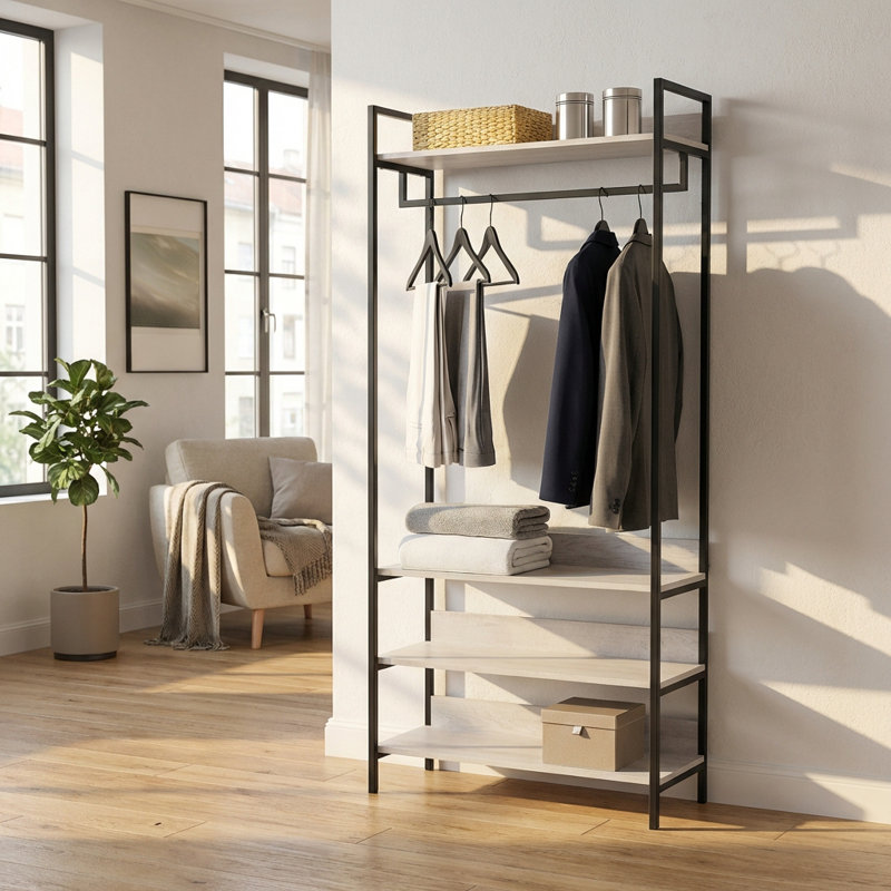 Alva Open Wardrobe with 4 Shelves, White Oak
