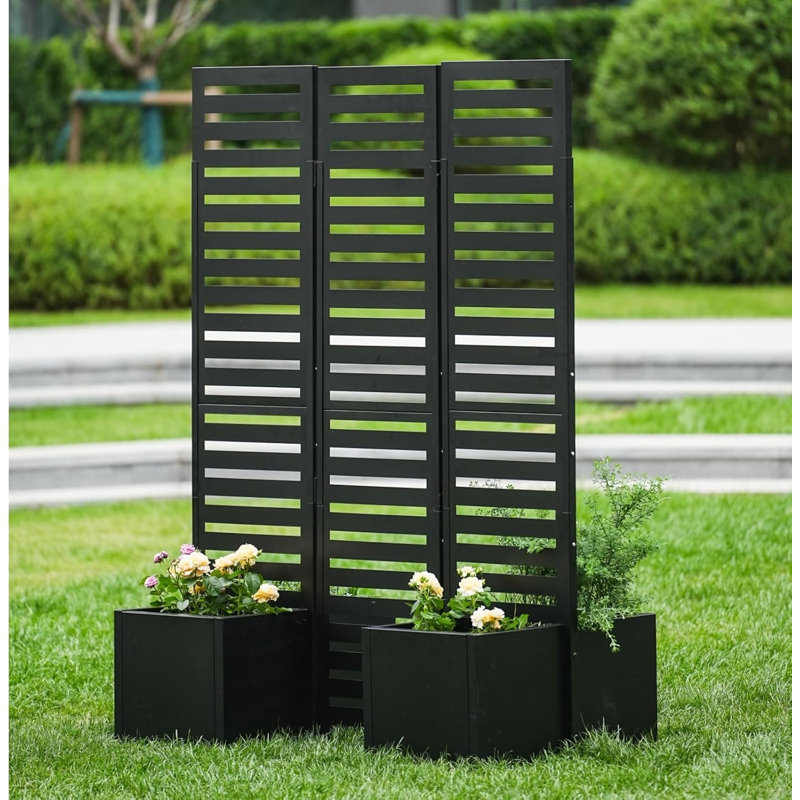 Paravent en métal à 3 panneaux avec boîtes à fleurs surélevées intégrées - Paravent extérieur autoportant avec 4 lits autodrainants, 51 x 70 x 31 pouces pour patio, terrasse, cour (noir)