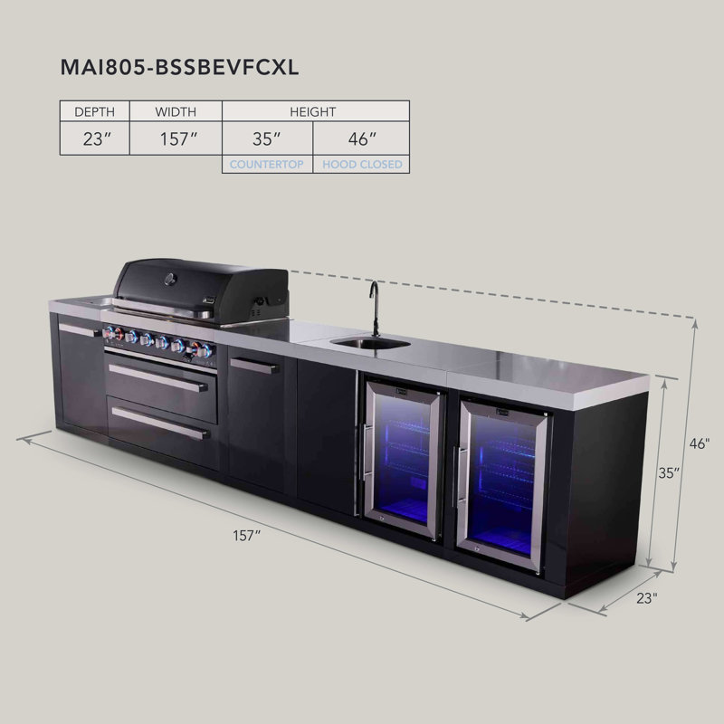 Mont Alpi Mai805-bssbevfcxl 6-burner 157" Premium Black Stainless Steel Outdoor Kitchen Island Bbq Gas Grill + Beverage Center Sink & Faucet + Refrigerator + Granite Countertops + Cover + Rotisserie