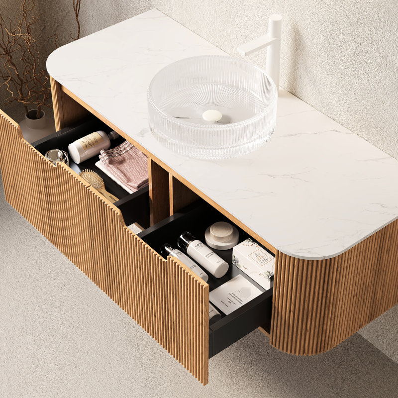 Meuble-lavabo suspendu de 122 cm (48 po) avec lavabo en verre cristal blanc, armoire de rangement, 2 tiroirs, préassemblé
