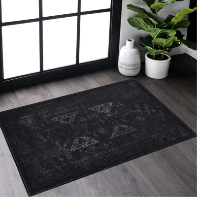 Tapis de 2 pi x 3 pi, lavables à la machine, à poils courts, antidérapants, pliables et pour animaux de compagnie, pour la salle à manger - tapis gris noir, envers antidérapant, salon, chambre à coucher, cuisine,