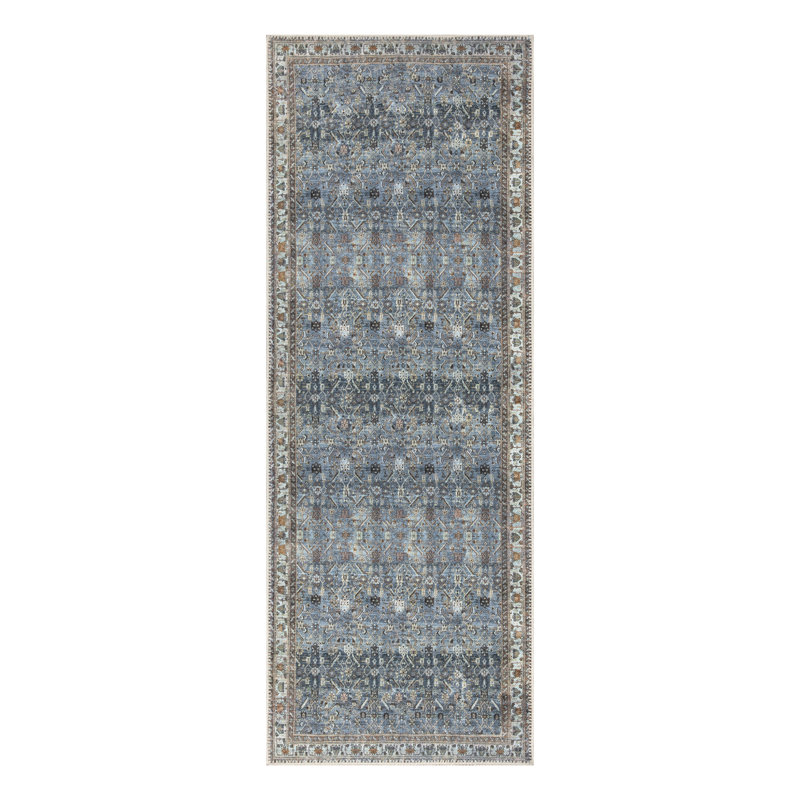 Machine Washable Area Rug - Blue / Beige Rug for Living Room, Bedroom, Dining Room, Kitchen - Ferri, Runner 2'6" x 12'