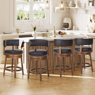 Tabouret de bar et de comptoir rembourré pivotant à 360°, structure en bois massif, siège et dossier rembourrés, garniture cloutée, tabouret pour îlot de cuisine