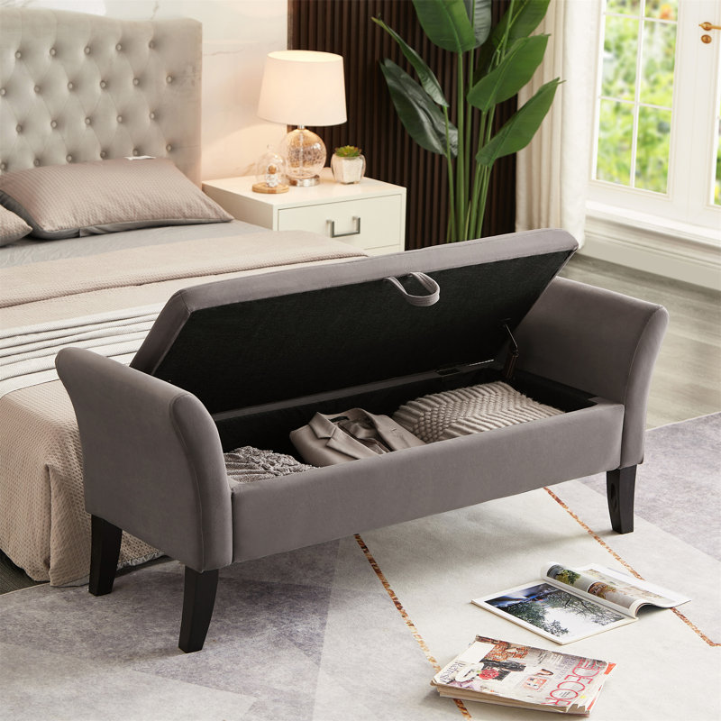 Encinal Velvet Upholstered Storage Bench, Gray