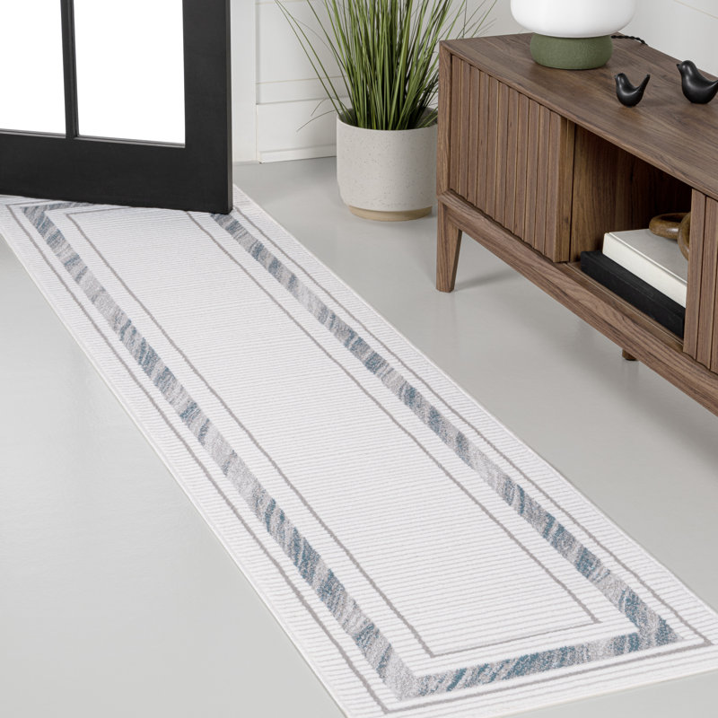 Maythel Classic Border Marble Pattern High-Low Silver/Blue Rug, Runner 2' x 8'