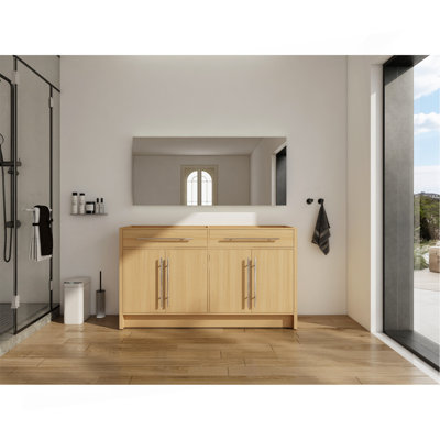 60"(58 11/16'') Freestanding Bathroom Vanity, 4-Soft Closing Door, Original Oak, Plywood-PACKING, (Only Vanity, Excluding Sink)