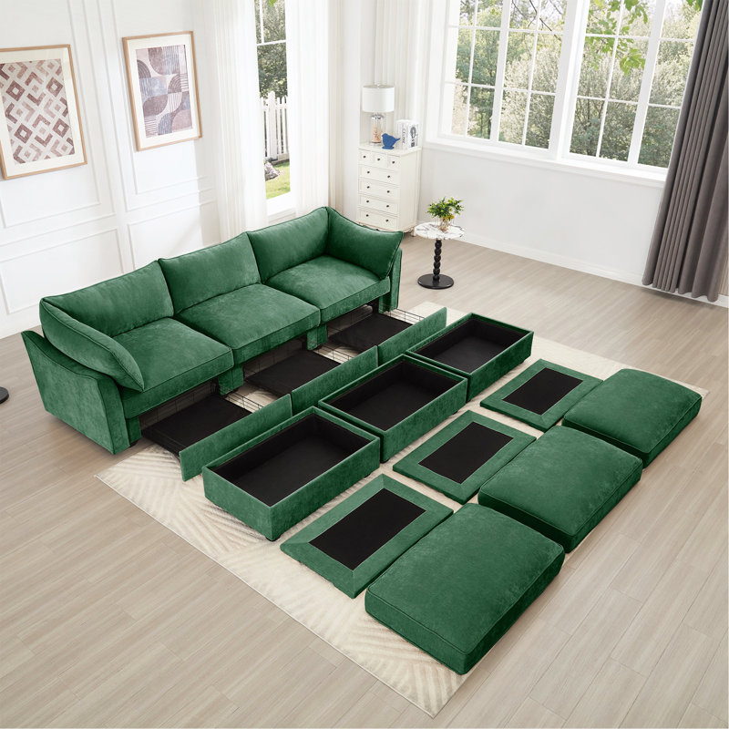 Canapé 3 places avec 3 repose-pieds, canapé-lit de cinéma maison à siège large et profond à 3 places pour le salon, canapé modulaire modulaire avec tiroir coulissant de rangement sous chaque siège, vert chenille