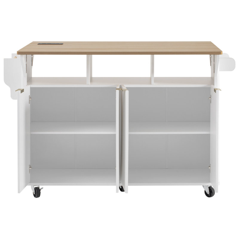 K&K 55.5" Fluted Kitchen Island With 2 Drop Leaf, Kitchen Storage Cart With Power Outlet, 4 Doors, Spice Rack, Rolling Island Table With Wood-Grain Top, Curved Edge For Kitchen, Dining Room,White