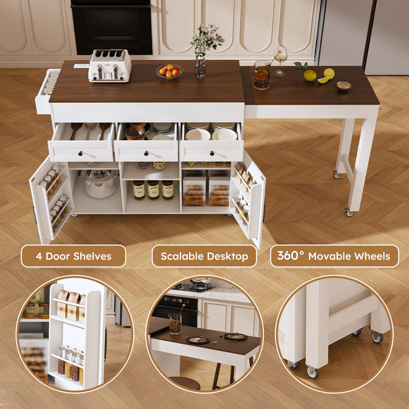 51" Rolling Kitchen Island With Retractable Dining Table And Power Socket - With 2 Drawers And 2 Door Cabinets