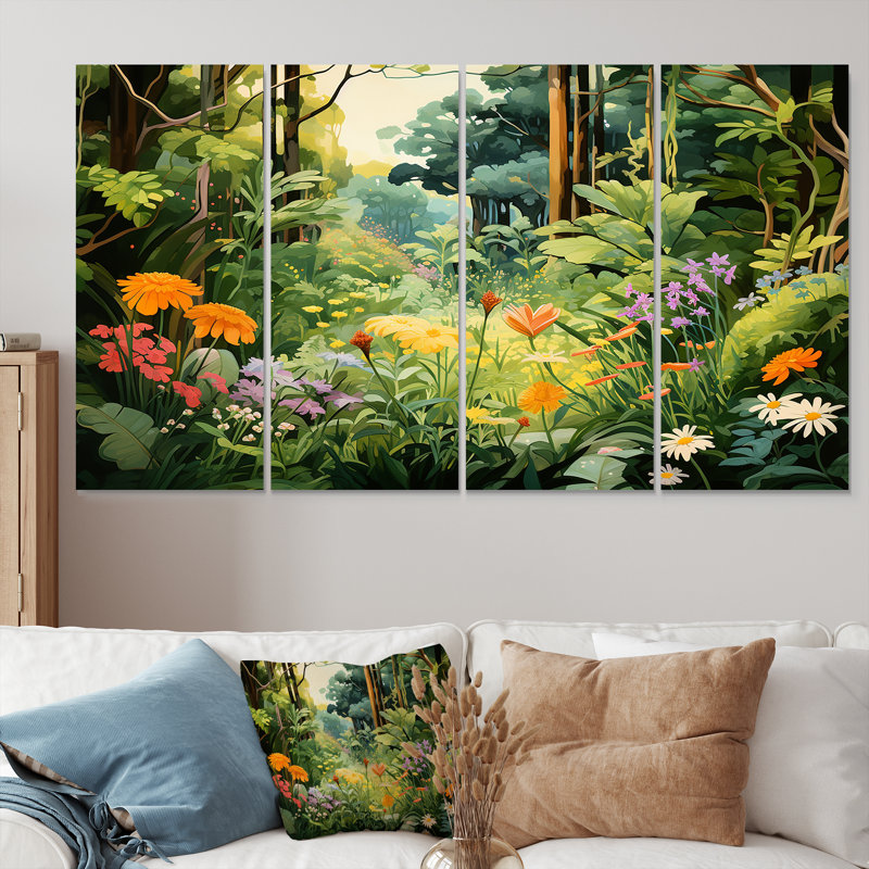 «Blossoming Flowers In Summer Forest - Wildflowers», art mural 4 pièces, H 32 po x l 64 po