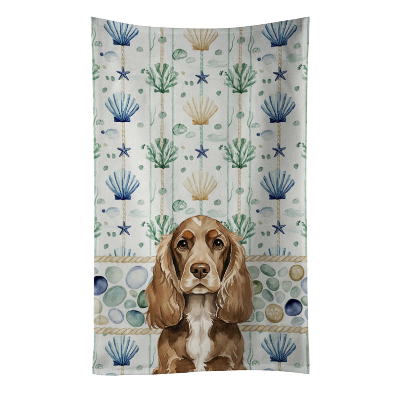 Chocolate Cocker Spaniel Coastal Sea Glass Kitchen Towel, Chocolate Cocker Spaniel
