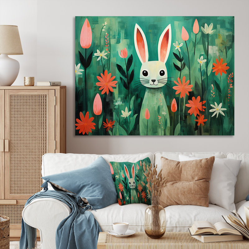 Vert et rose, fleurs de lapin, prairies - Lapin, art mural, Toile tendue, H 34 po x l 44 po x P 1,5 po