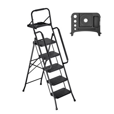 5 Step Ladder, Folding Step Stool with Wide Anti-Slip Pedal, Tool Tray, Dual Side Handrails, 600 lbs Capacity Portable Steel Ladder, Multi-Use for Kitchen, Home, Household and Office, Black