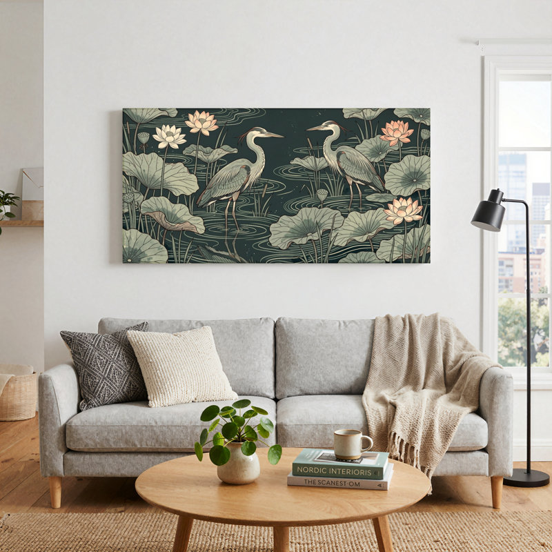 Ensemble de 1 tableau mural sur toile représentant un héron et un lotus, L 58 po x H 28 po, Toile tendue