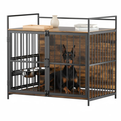 Grande cage pour chien de style meuble équipée d'une mangeoire surélevée rotative et réglable à 360 degrés, convenant aux chiens, d'une taille de 48 pouces