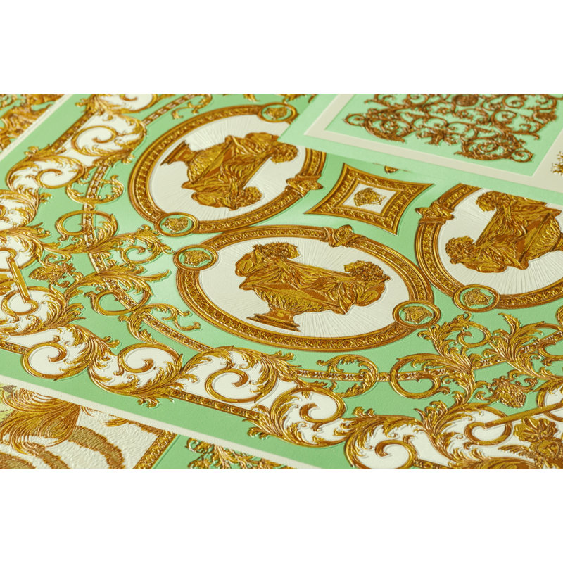 1005cm x 70cm Wallpaper Roll, Metallic/Cream/Green