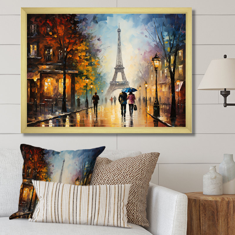 Couple romantique à Paris I - City Paris, art mural, Cadre doré à coins fermés, H 30 po x l 40 po x P 1,5 po