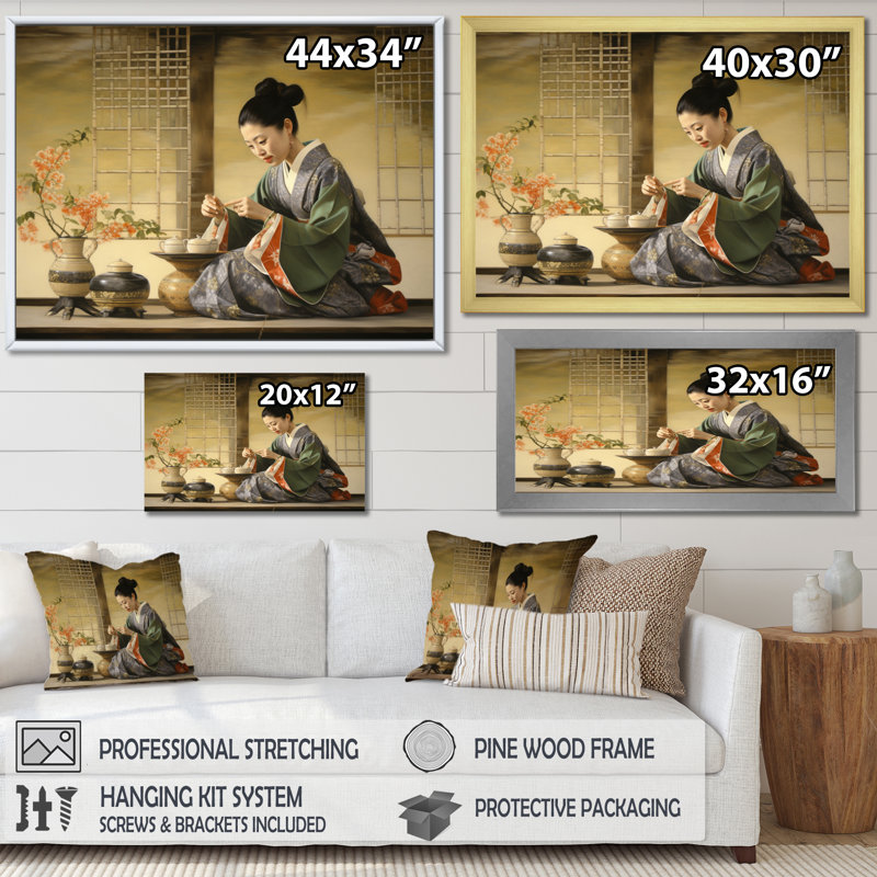 «Asian Art Tea Cerémonie I», reproduction d'art sur toile, H 16 po x l 32 po x P 1 po, Cadre flottant blanc